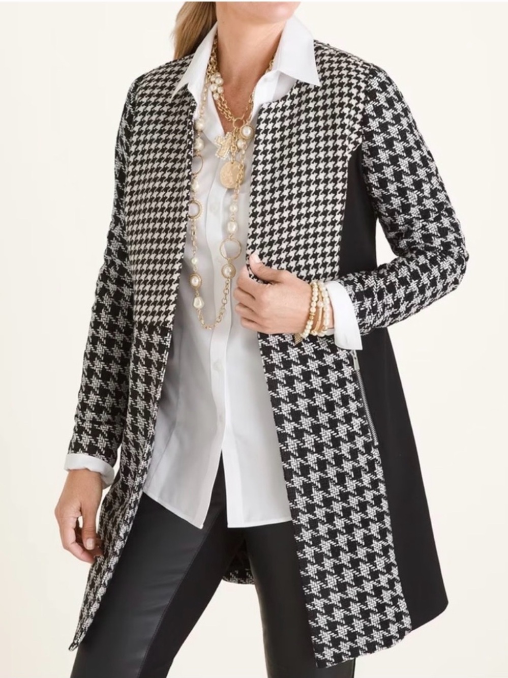 Chico’s 1P Petite (8/10 P) Houndstooth Longline Jacket Black White Gameday